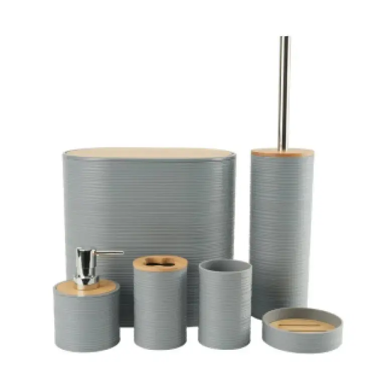 Ensemble Accessoires Salle de Bain 6 Pièces Bambou & Gris – Élégance Contemporaine