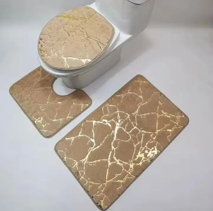 Ensemble 3 Tapis Salle de Bain Effet Marbre BEIGE& Or – Chaleur & Élégance