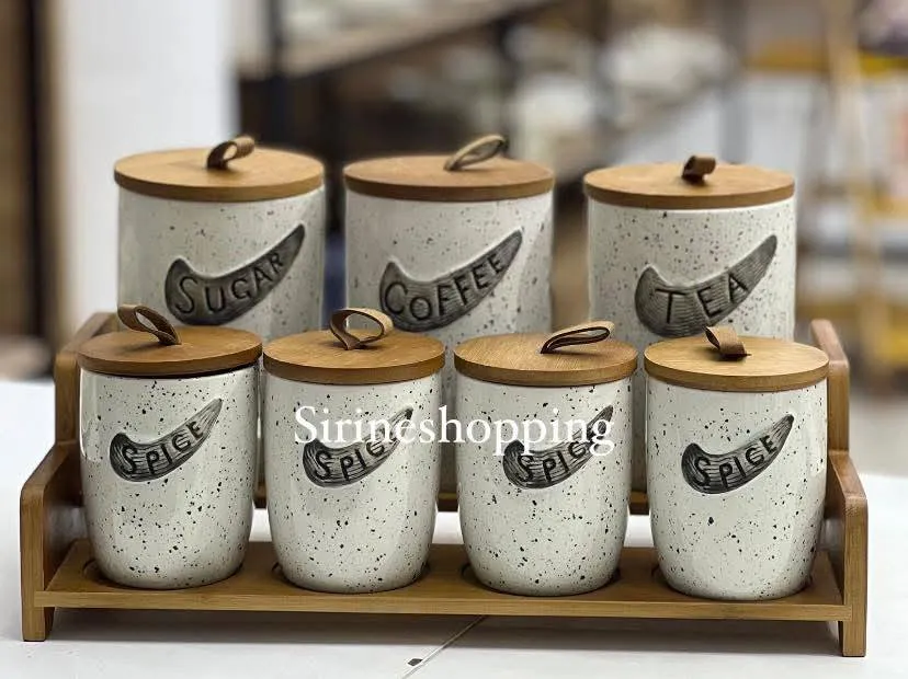 Ensemble de bocaux de cuisine en bambou et céramique03