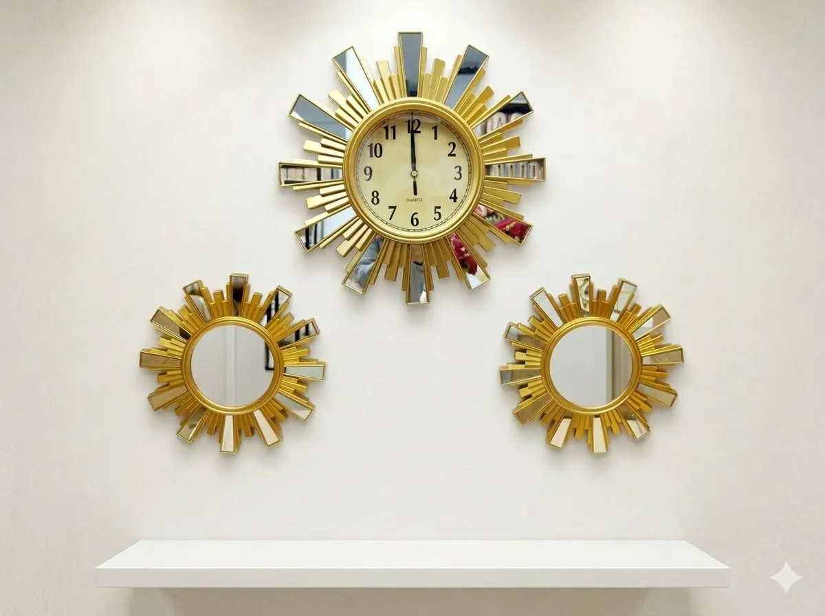 Horloge Murale Soleil Doré avec Miroirs – Décoration Murale Design Luxe