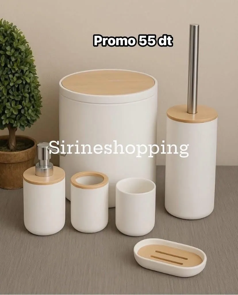 Ensemble Accessoires Salle de Bain CERBIOR 6 Pièces Blanc & Bois – Design Nature