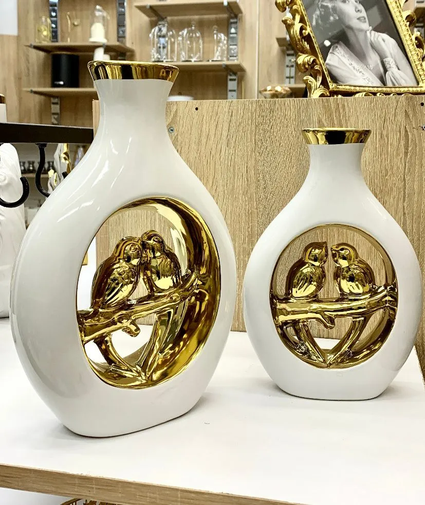 Vase décoratif blanc et doré – Couple d’oiseaux élégant