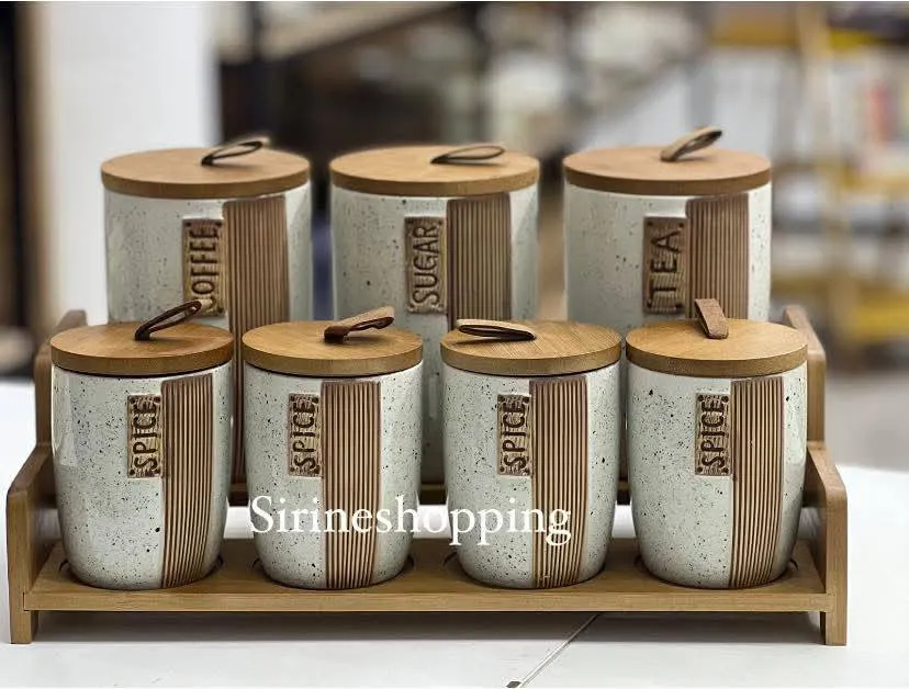 Ensemble de bocaux de cuisine en bambou et céramique01