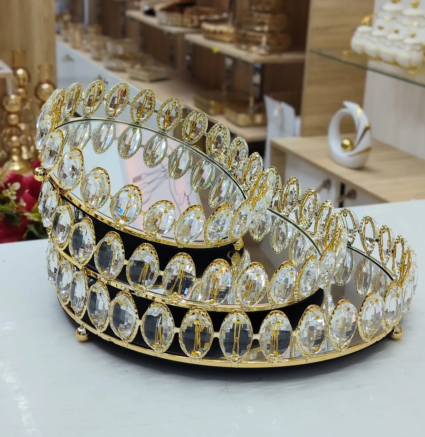 Plateau Miroir Décoratif avec Cristaux – Set de 3 Pièces ROND doré