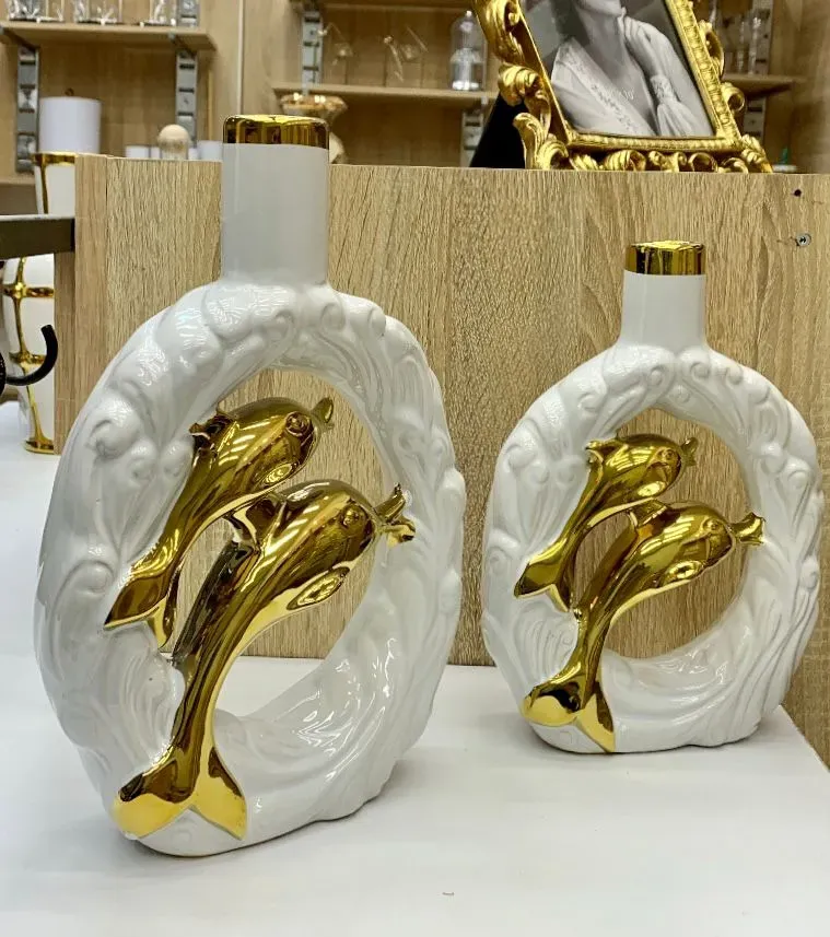 Vase décoratif blanc et doré – Dauphins de luxe - image 2