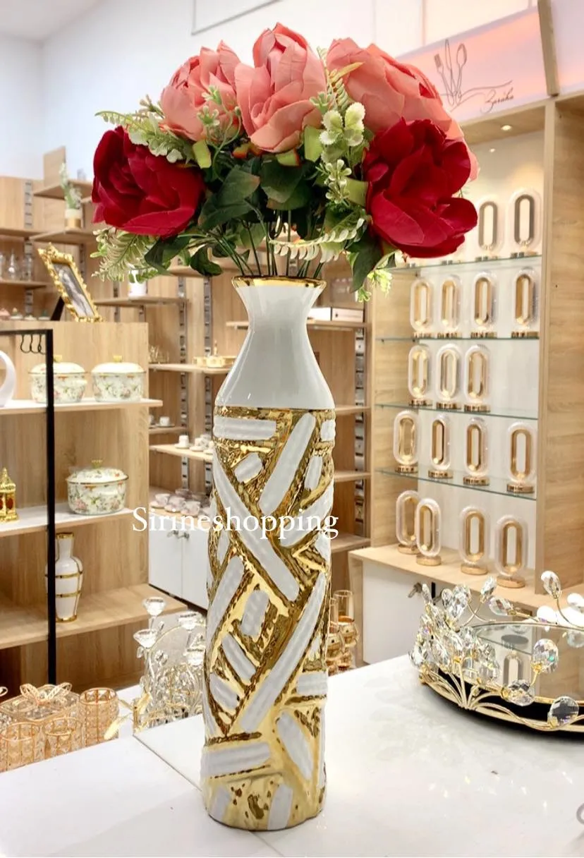 Vase décoratif design blanc et doré - image 2