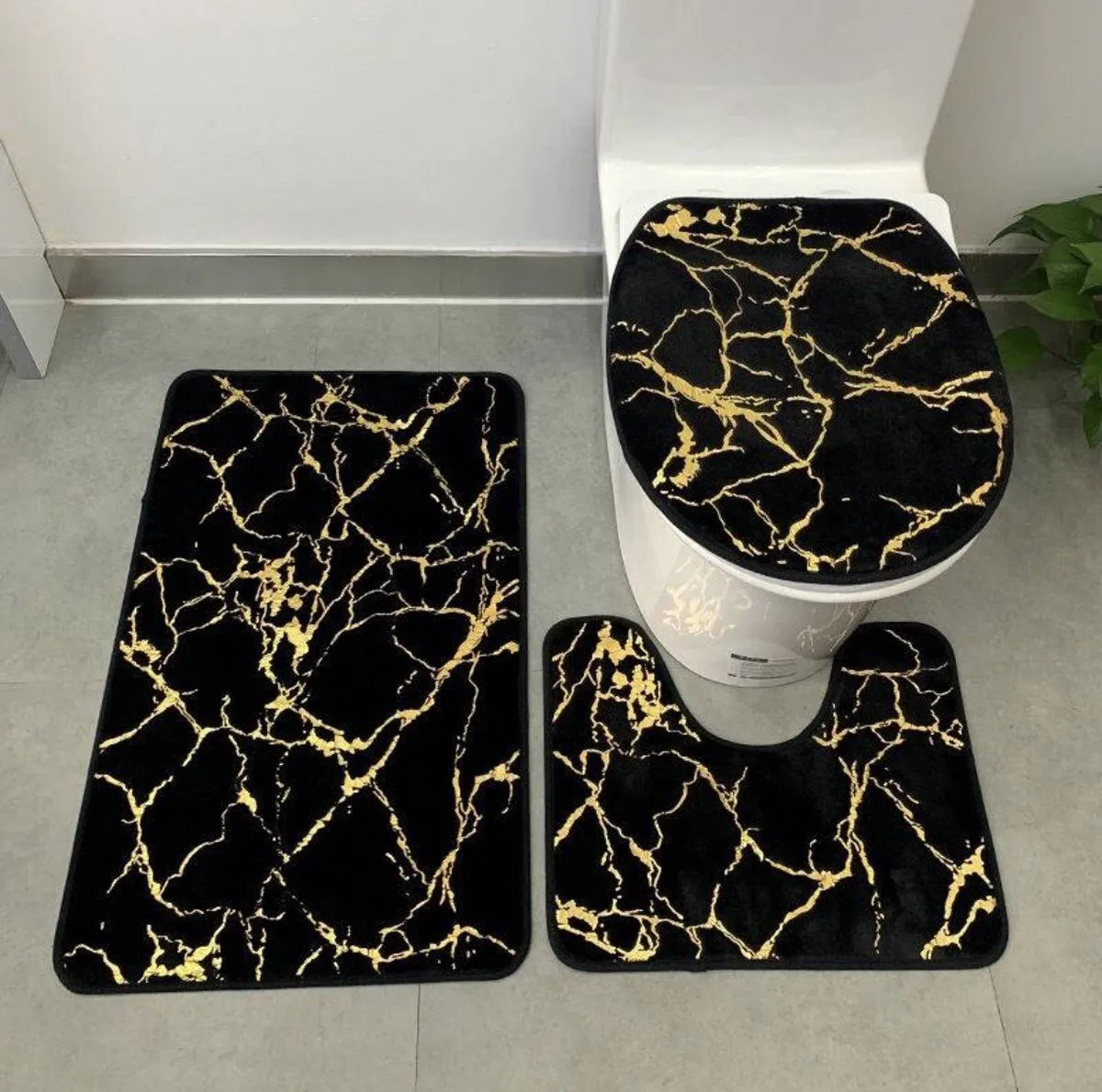 Ensemble 3 Tapis Salle de Bain Effet Marbre Noir & Or – Luxe & Élégance - image 4