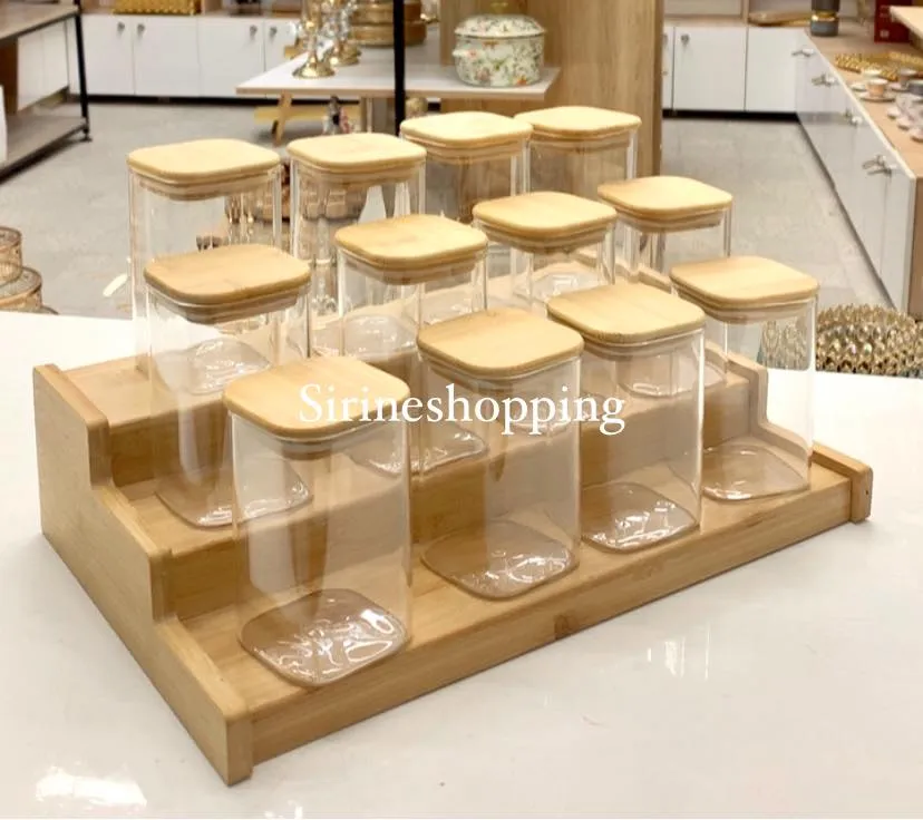 Ensemble 12 Bocaux en Verre & Organiseur Épices en Bois – Cuisine Design - image 2